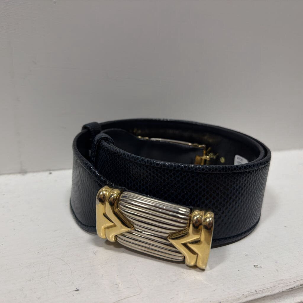 Black Leather Silver/Gold Buckle Judith Leiber