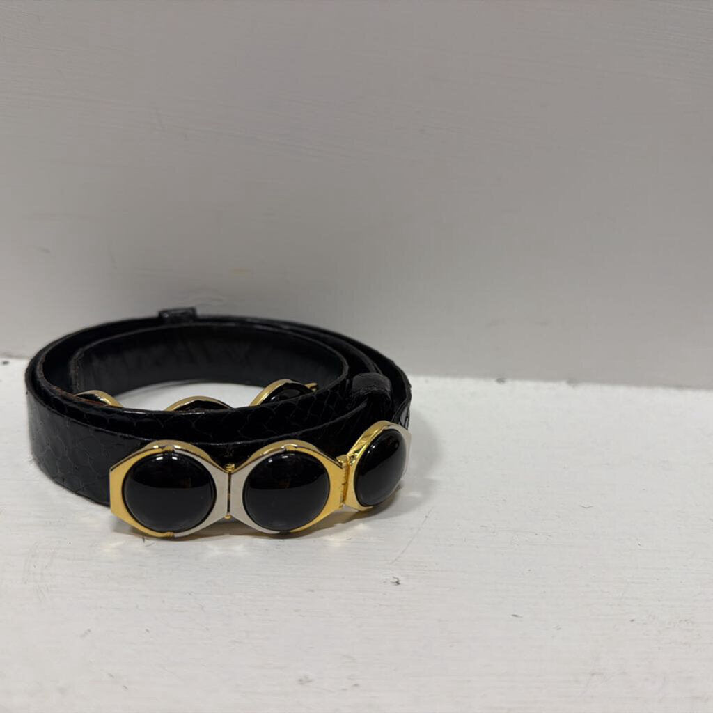 Black Leather Silver/Gold Buckle Judith Leiber