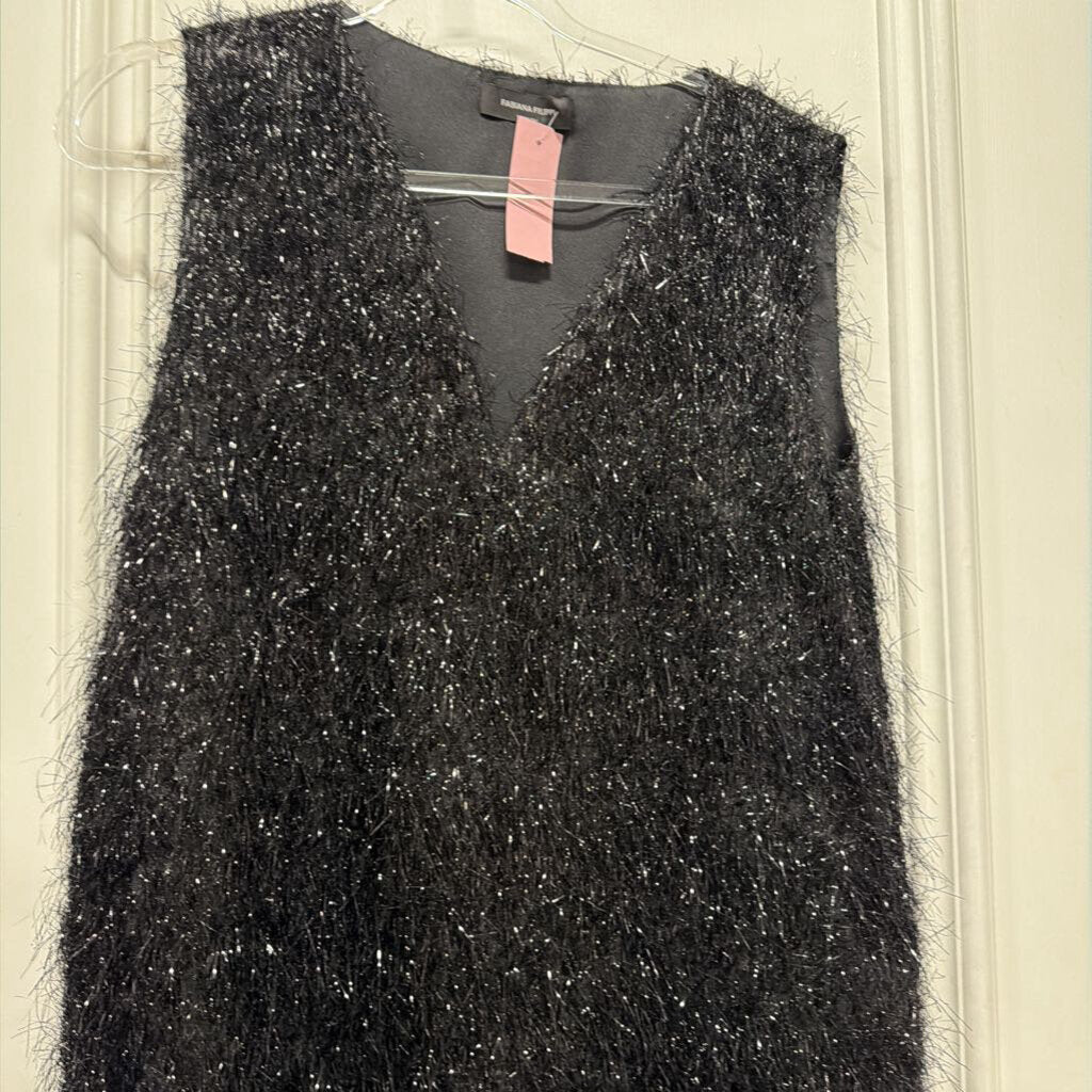 Black Viscose Metallic Fringe Shift Dress