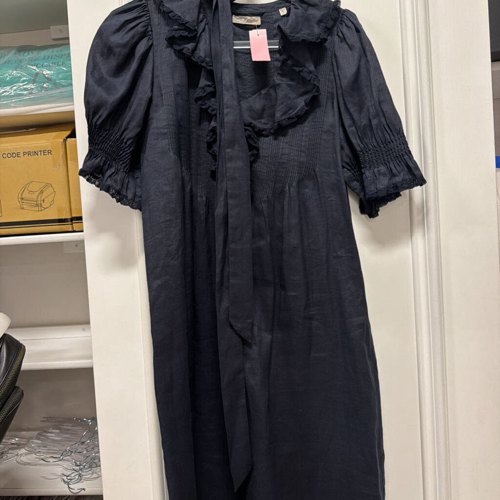 Black Ramie Belted Dress