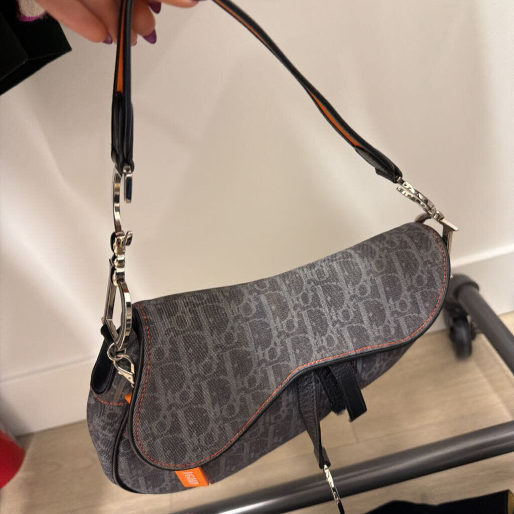 Dark Denim Orange Handle Saddle Bag