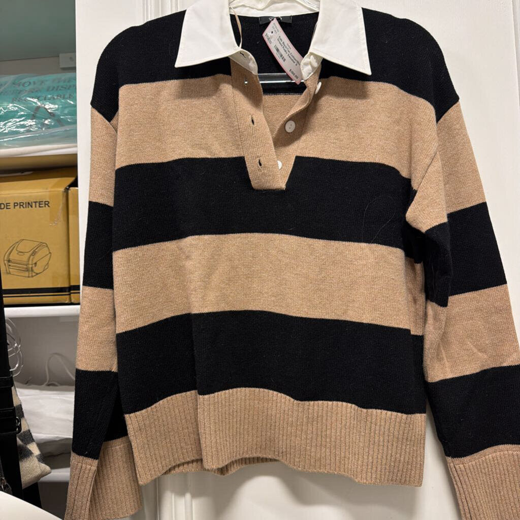 Black/Tan Cotton/Wool Striped Rugby Sweater