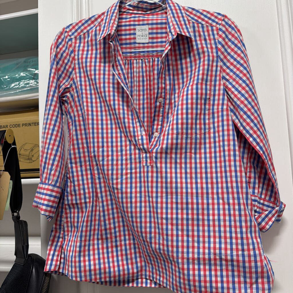 Red/Blue Plaid Cotton Blend Top
