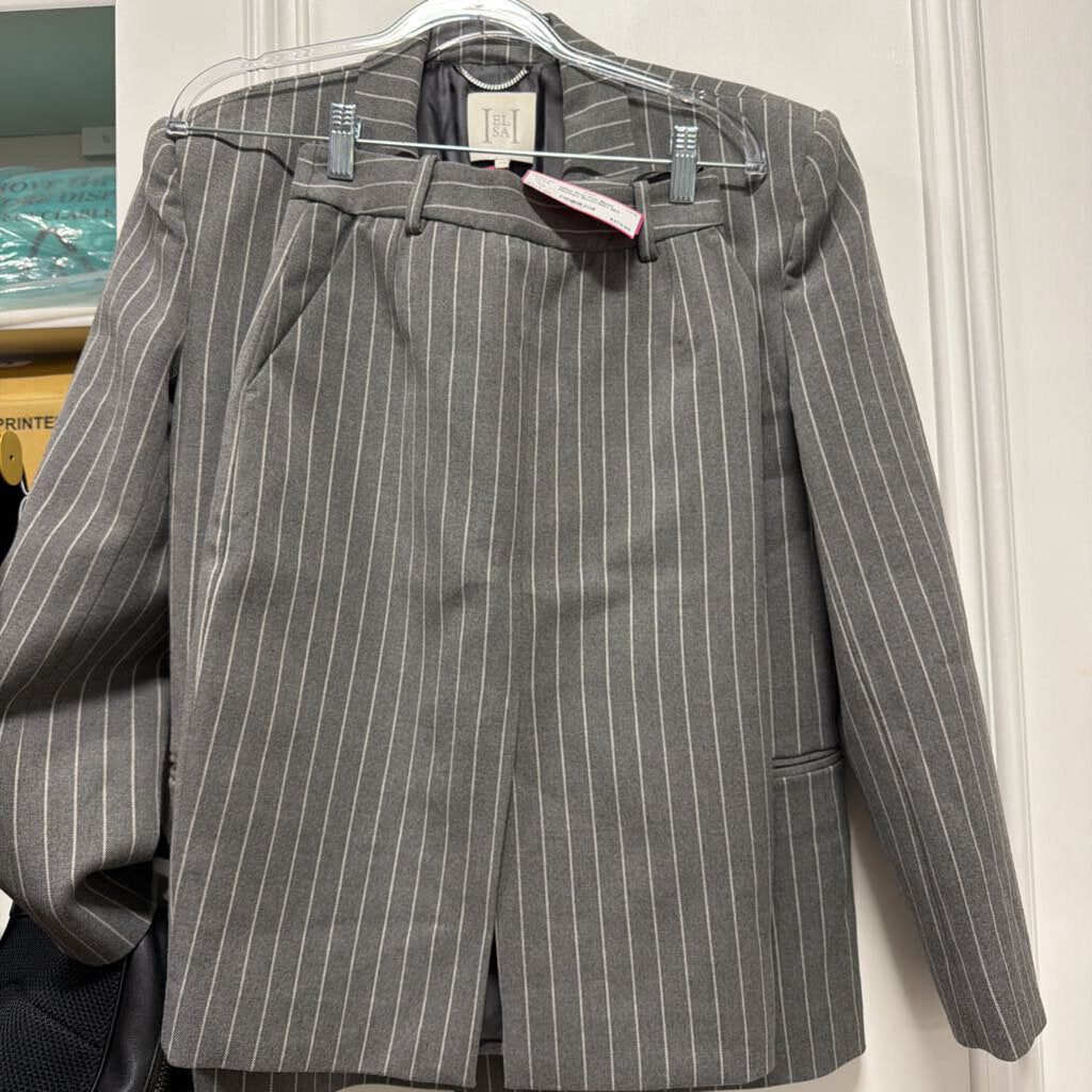 Grey Poly Blend Pinstripe Blazer/Skirt SET
