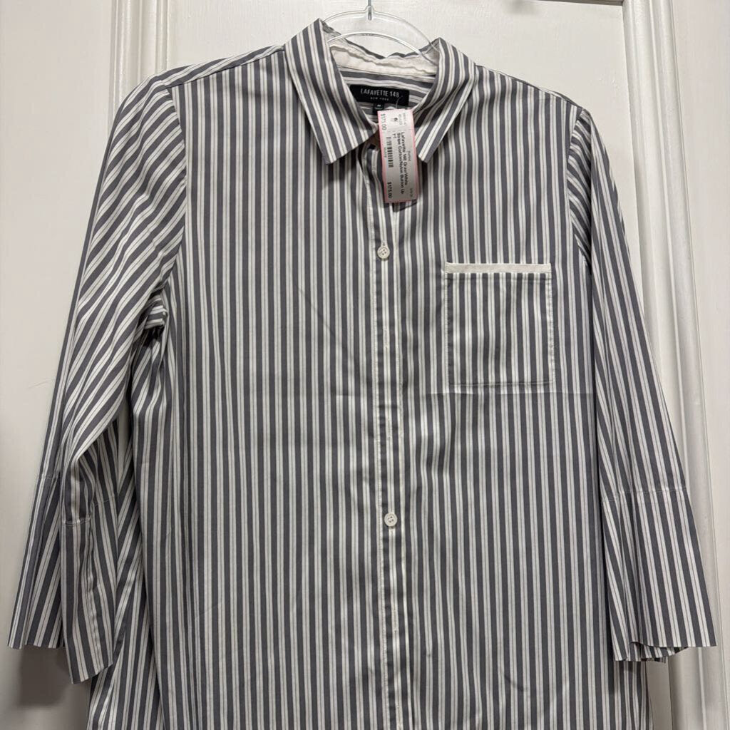 Gray/White Stripe Cotton/Nylon Button Up Top