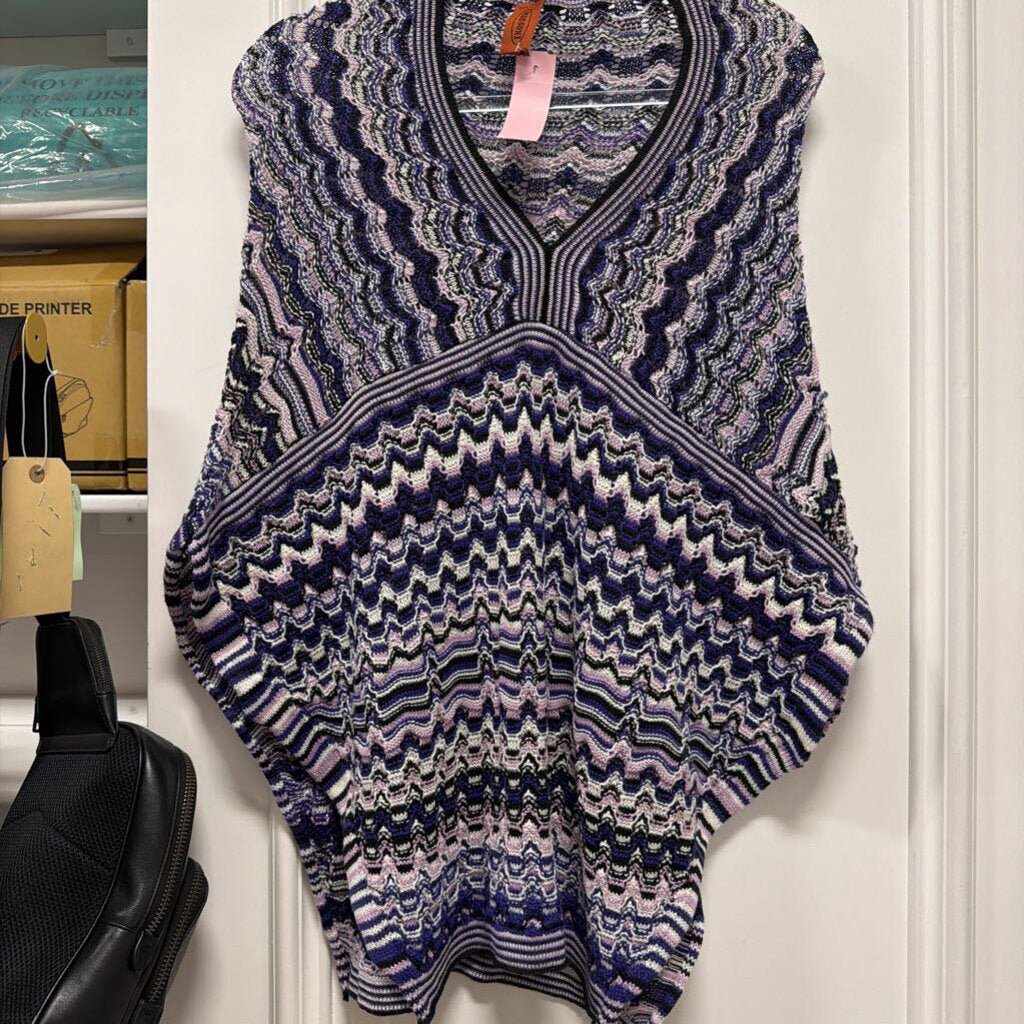 Purple/White Wool Blend Knit Poncho