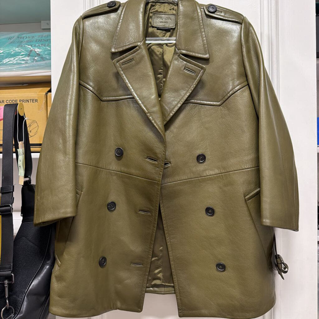 2022 Olive Green Leather Double Breasted Jacket