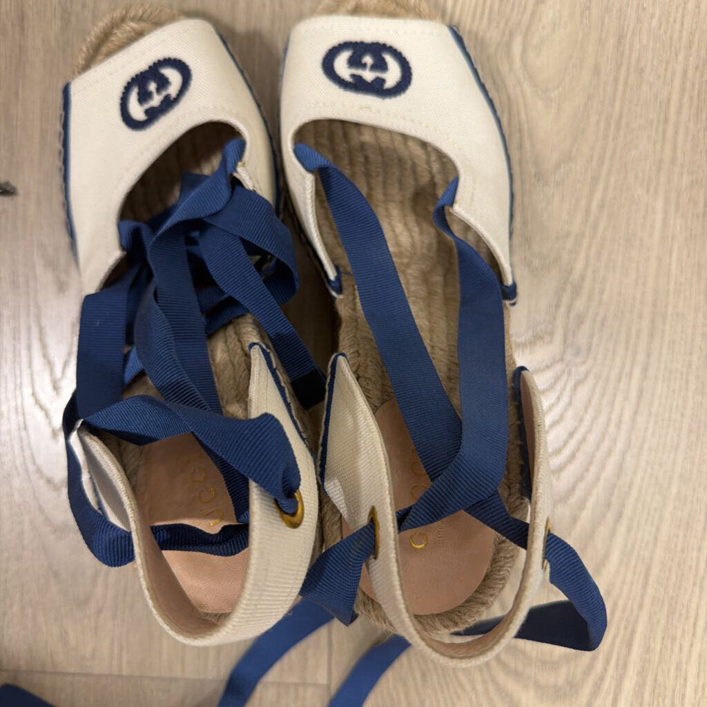Gucci Blue White Espadrille Wedge Sandal