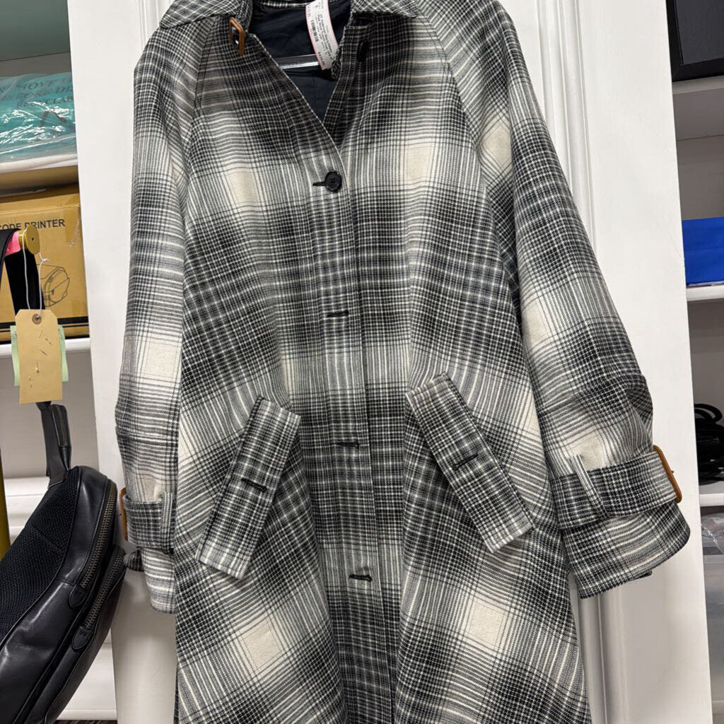 Black/White Plaid Wool Trench Coat (AS IS minor hole left arm)