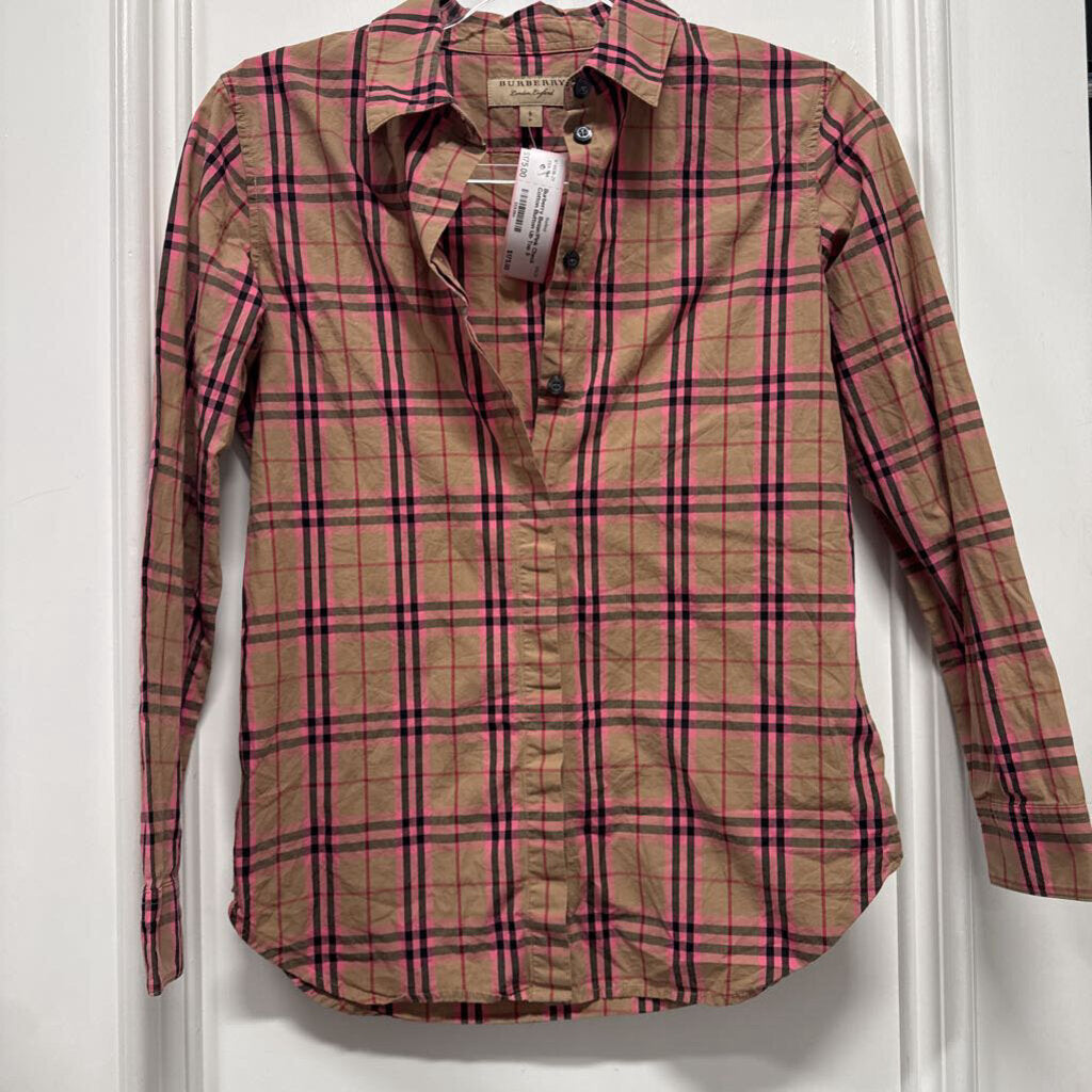 Beige/Pink Check Cotton Button Up Top