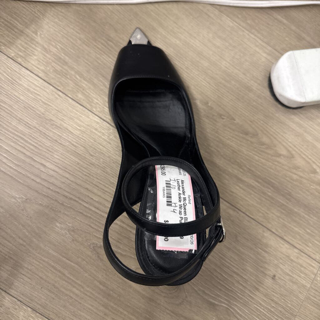 Black Leather Ankle Wrap Pumps