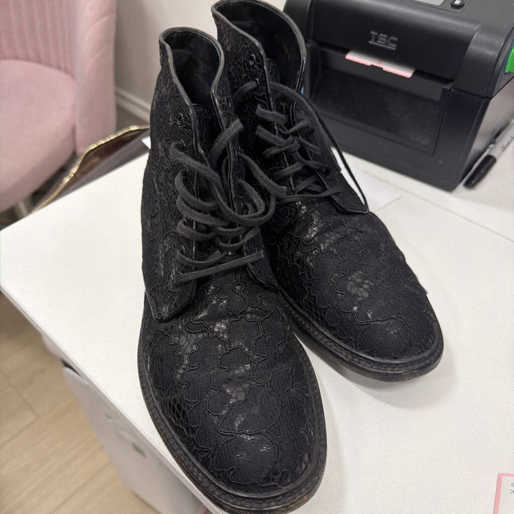 Saint Laurent Black Lace/Leather Combat Boots