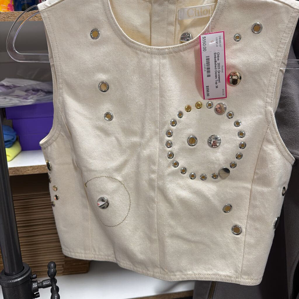 2023 Grommet Embellished Denim Top