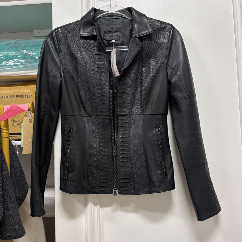 Black Leather Snake Zip Up Jacket