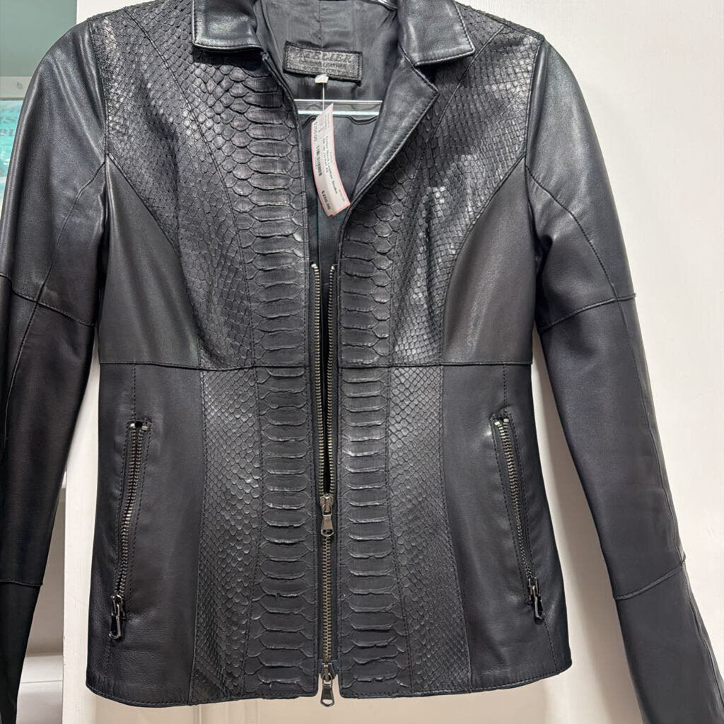 Black Leather Snake Zip Up Jacket