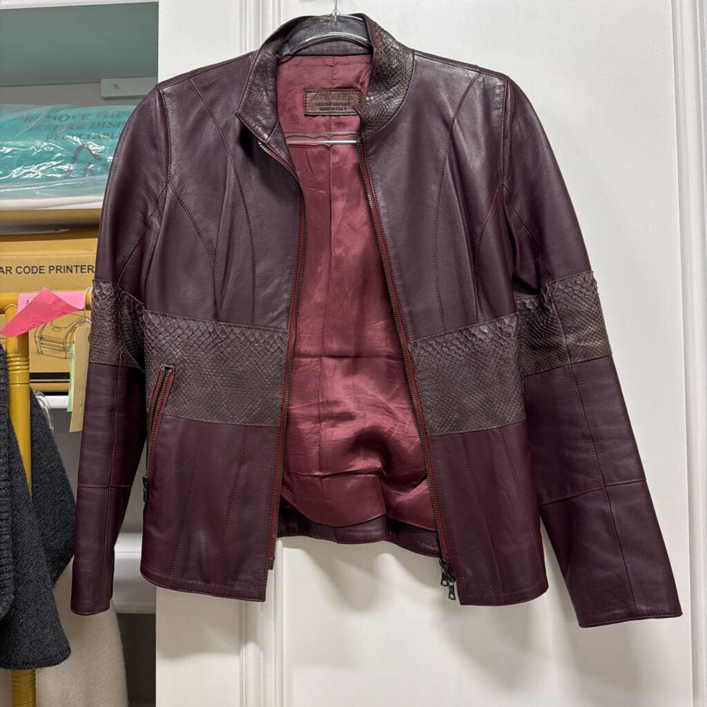 Maroon Leather Snake Zip Up Jacket