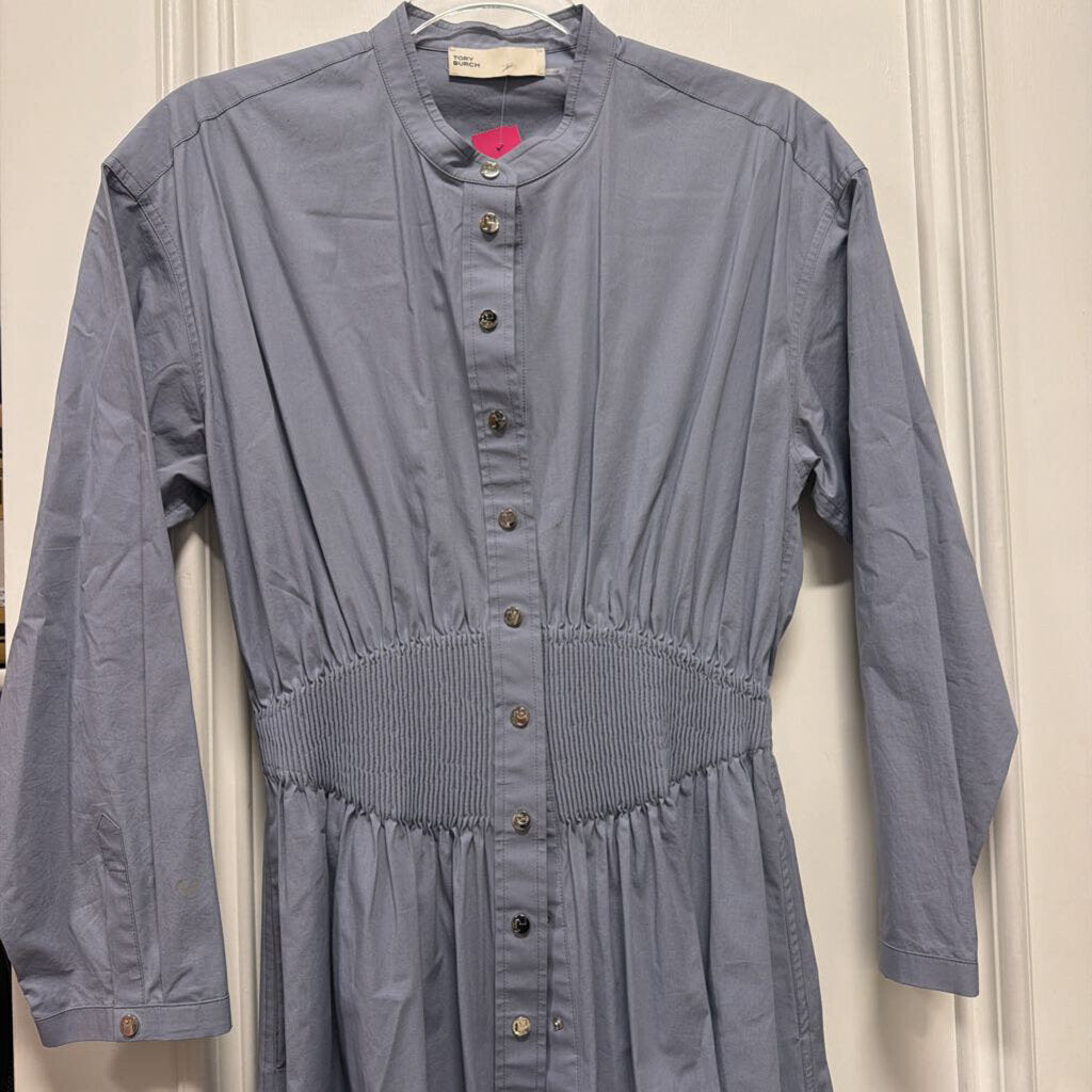 Blue Cotton Ruched Shirt Dress