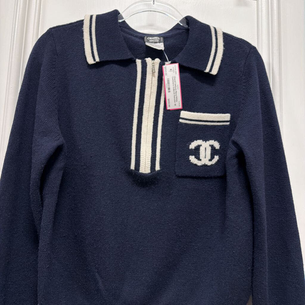 Navy/White Cashmere Collared Sweater