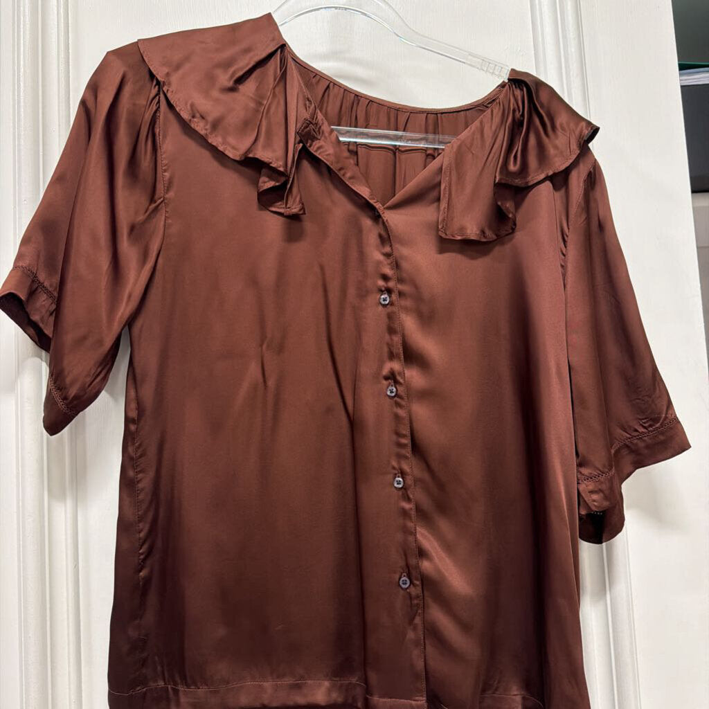 Brown Satin Ruffle Collar Top