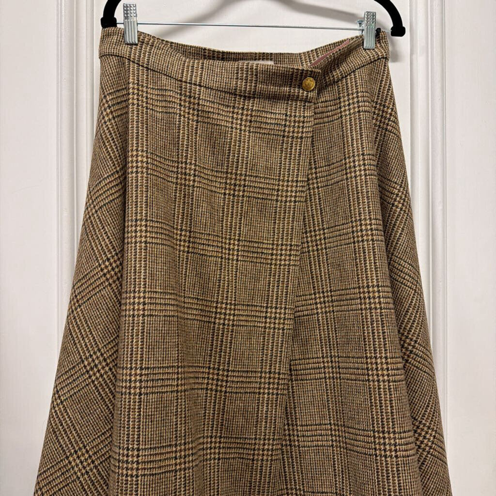 Brown Wool Checked Wrap Skirt
