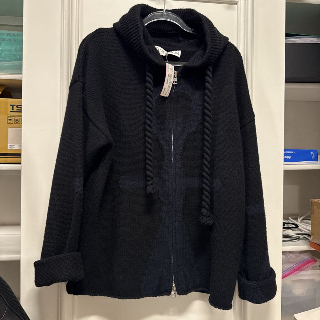Black Wool Anchor Zip Up Sweater w/ Hood