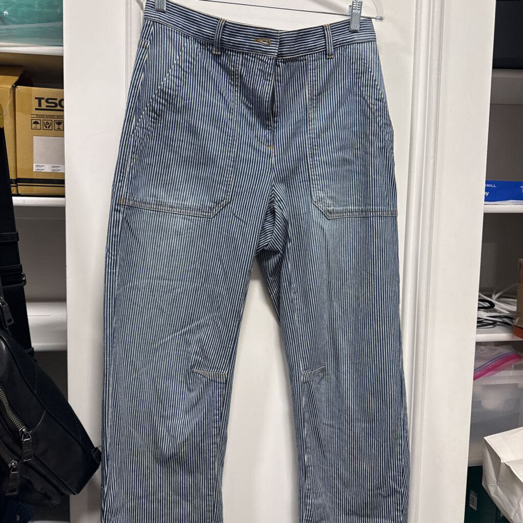 Blue/White Cotton Striped Barrel Leg Pants