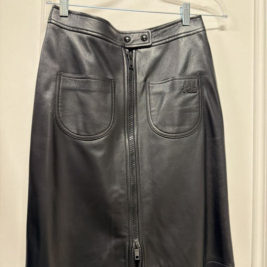 Black Leather Zip Front Midi Skirt