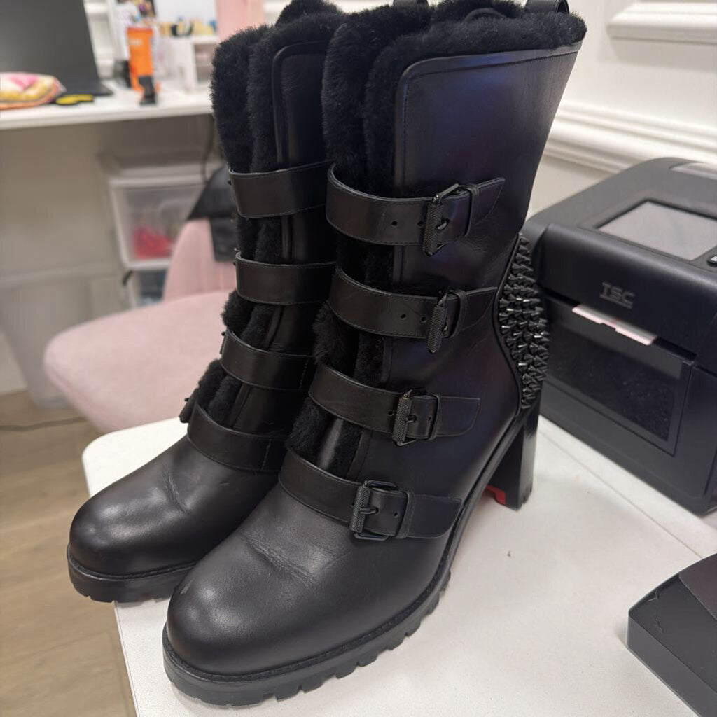 Black Leather Fur Studded Heel/Boots (39)