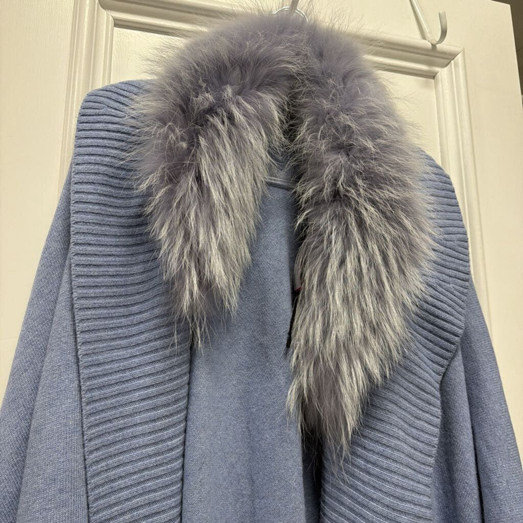 Blue Wool Shawl Racoon Trim