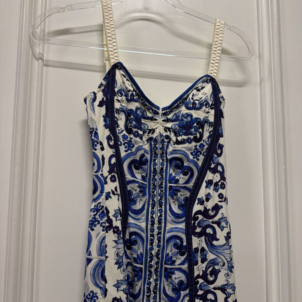 White/Blue Silk Blend Majolica-Print Bustier Dress