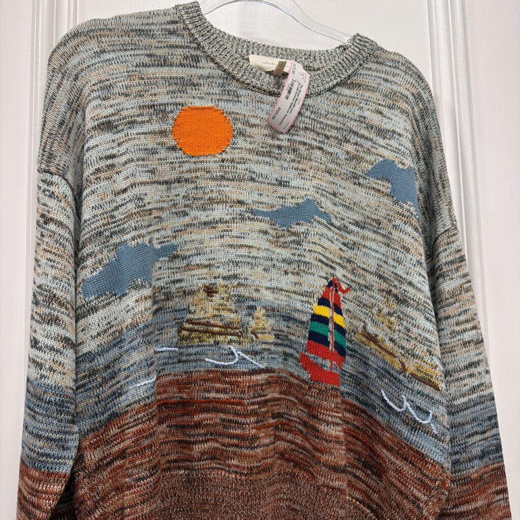 Blue/Brown Acrylic/Cotton Sailboat Sweater
