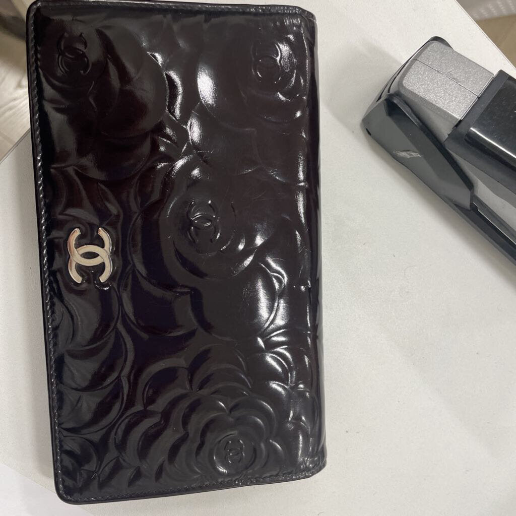 Black Patent Embossed Camelia Wallet