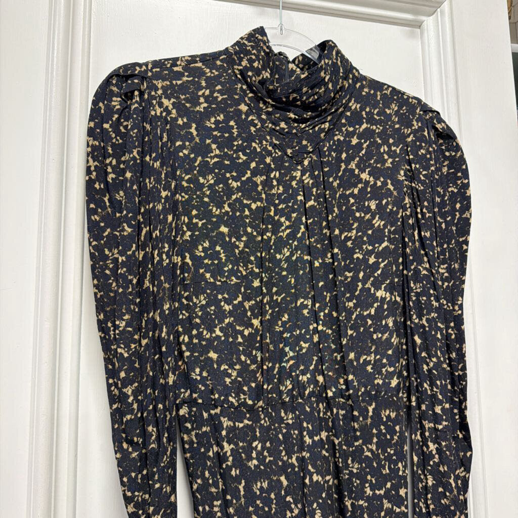 Black/Tan Viscose Floral LS Maxi Dress