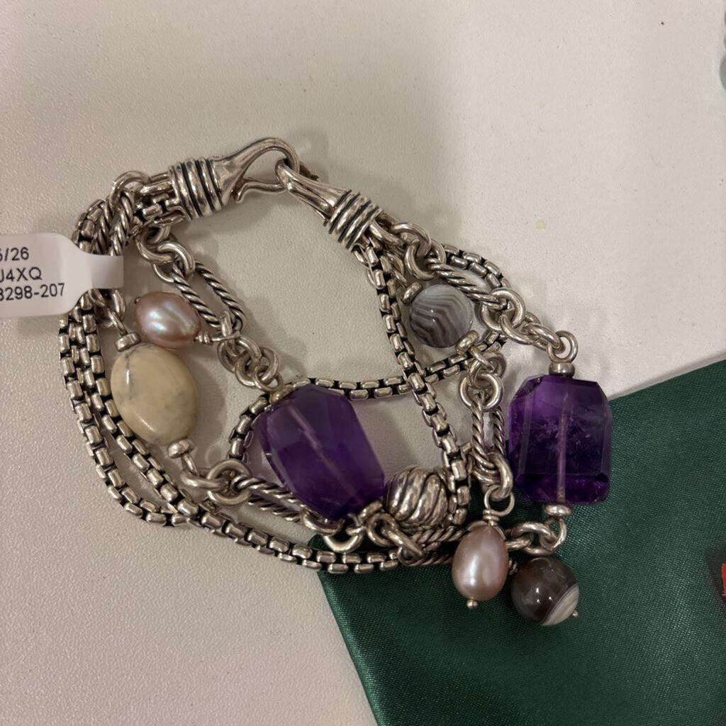 Sterling Amethyst/Pearl/Mirano Glass 4 row bracelet