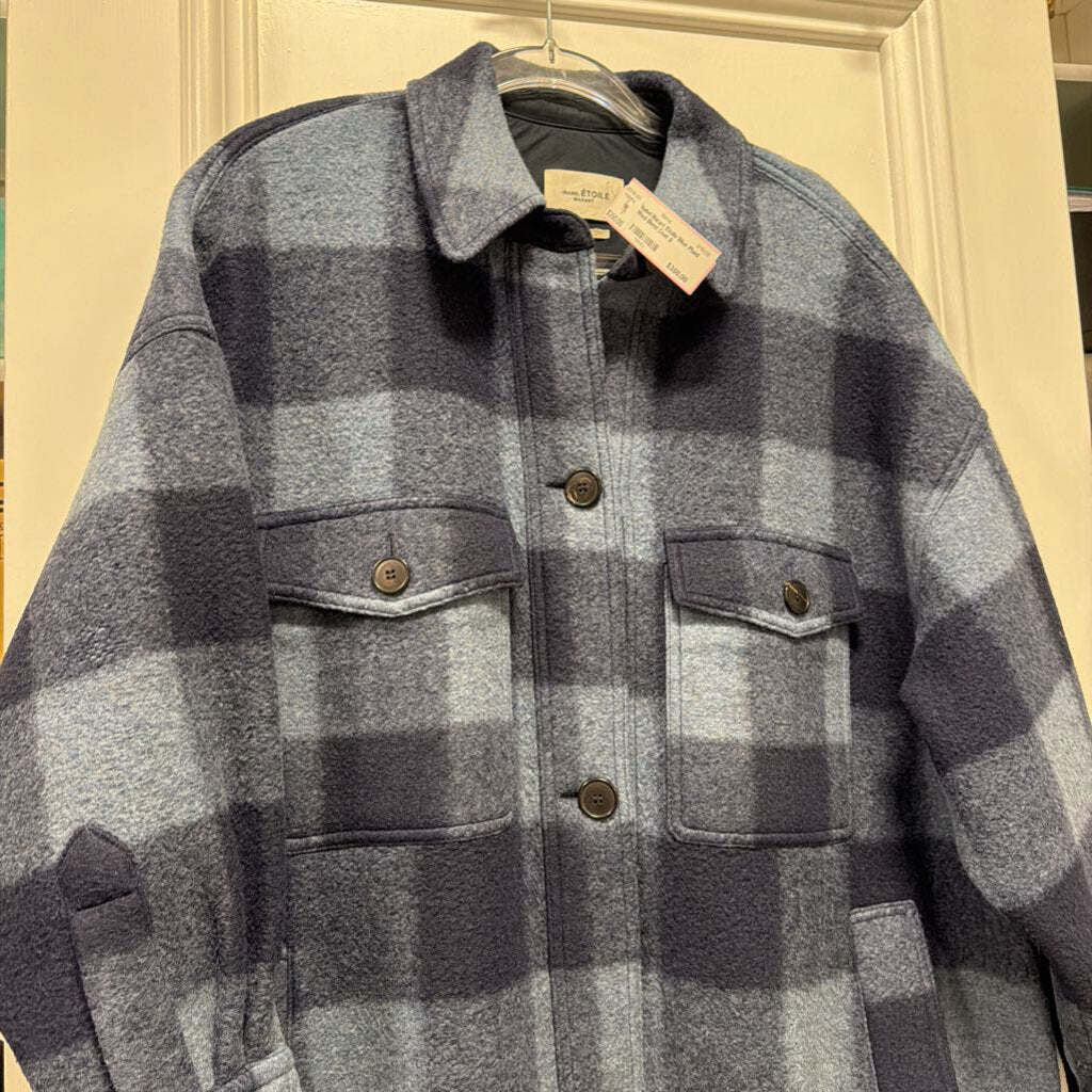 Blue Plaid Wool Blend Coat