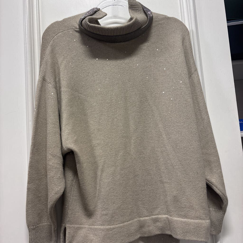 Beige Cashmere Beaded Turtleneck Sweater