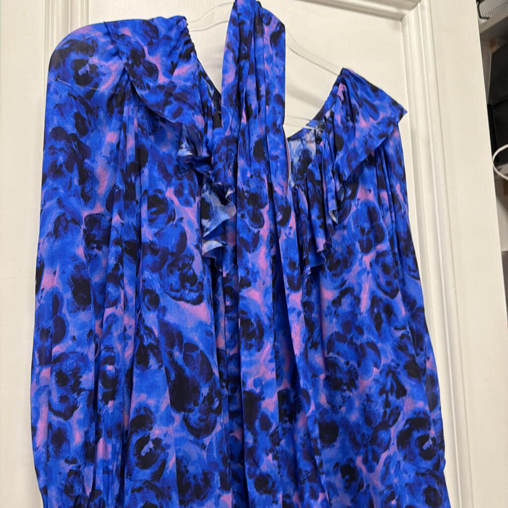 Blue Floral Viscose Ruffle Blouse