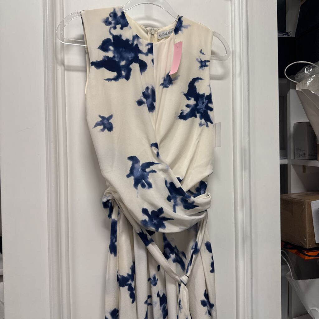 Cream/Blue Silk Midi Dress (NWT)