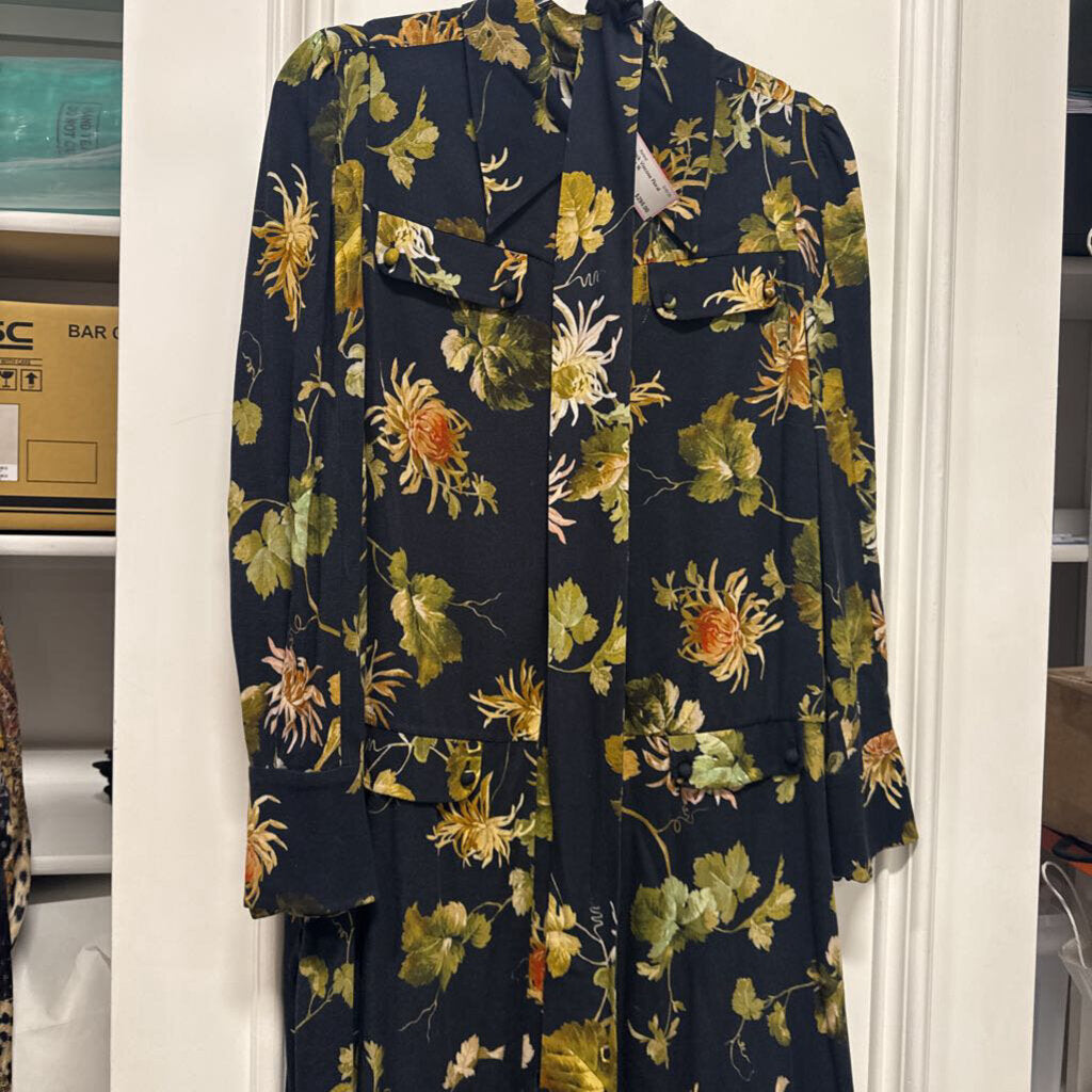 Black Viscose Floral Belted Dress