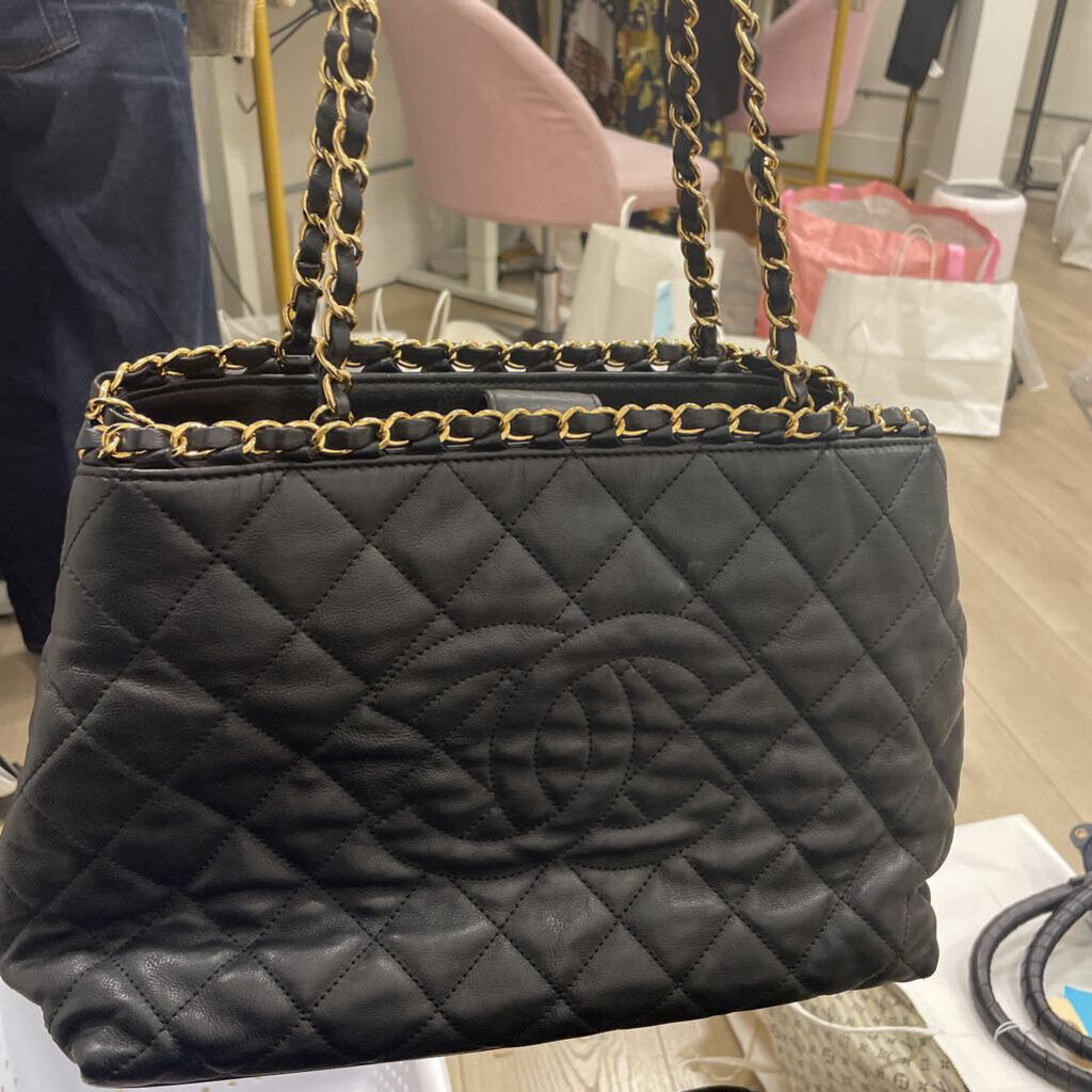 Black Quilted Chain Me Tote
