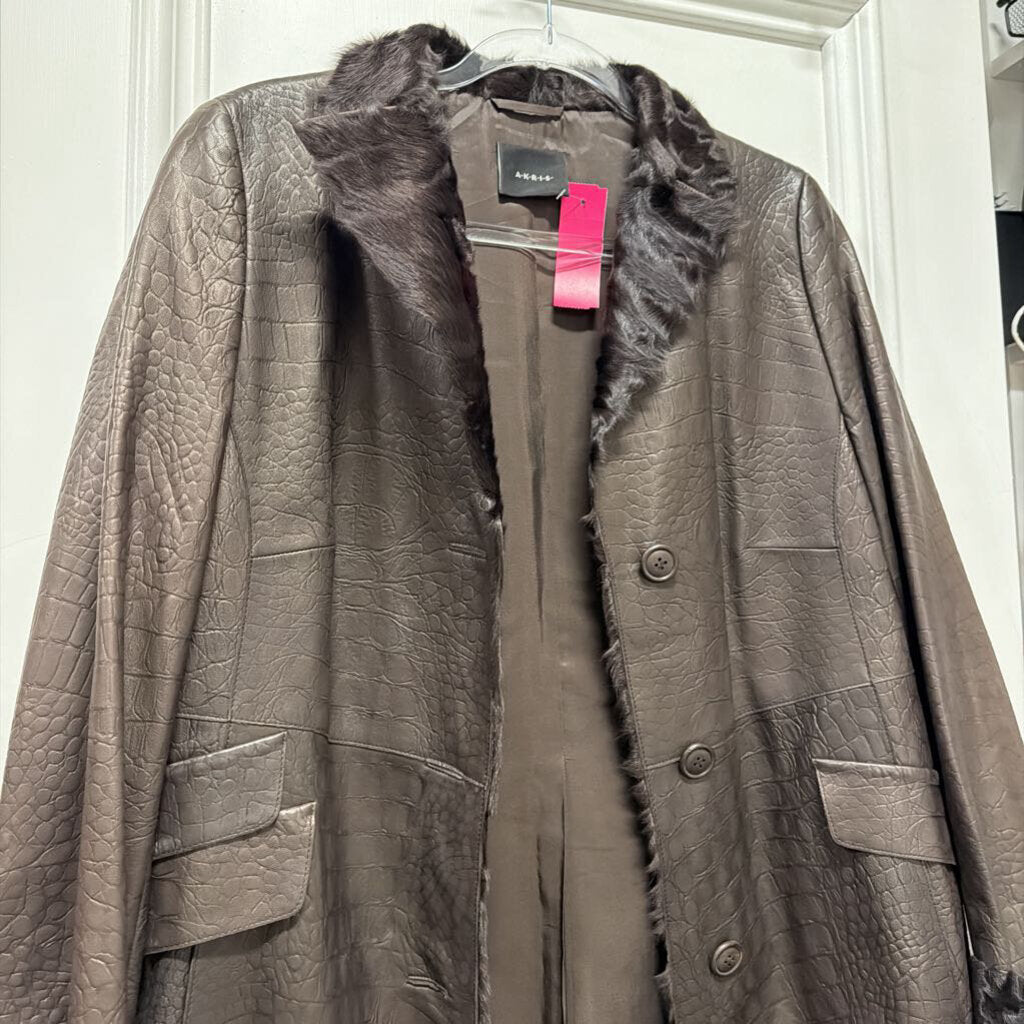 Brown Embossed Fur Trim Leather Coat