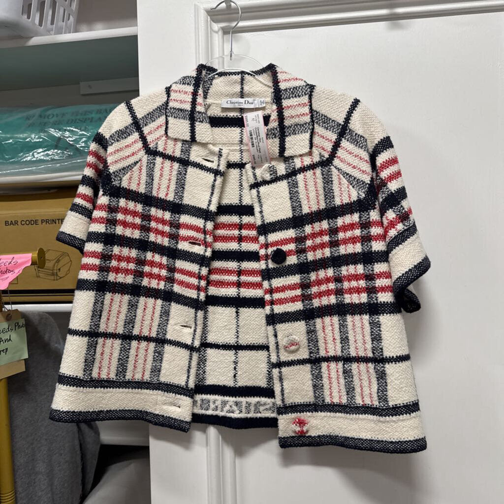 Cream/Navy/Red Plaid Cotton/Wool SS Sweater