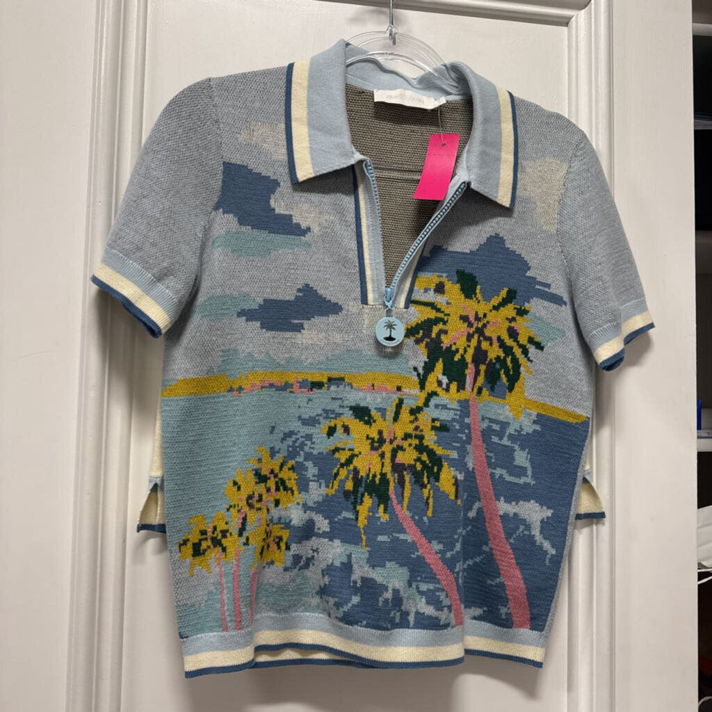 Blue Cotton Palm Tree Knit Top/Shorts