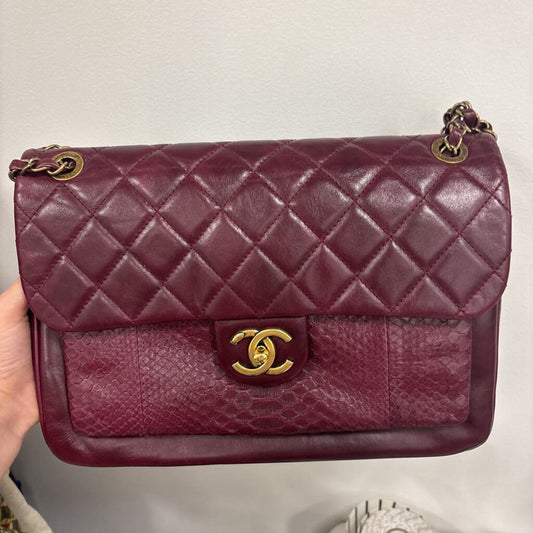 Burgundy Calfskin Python Flap Bag