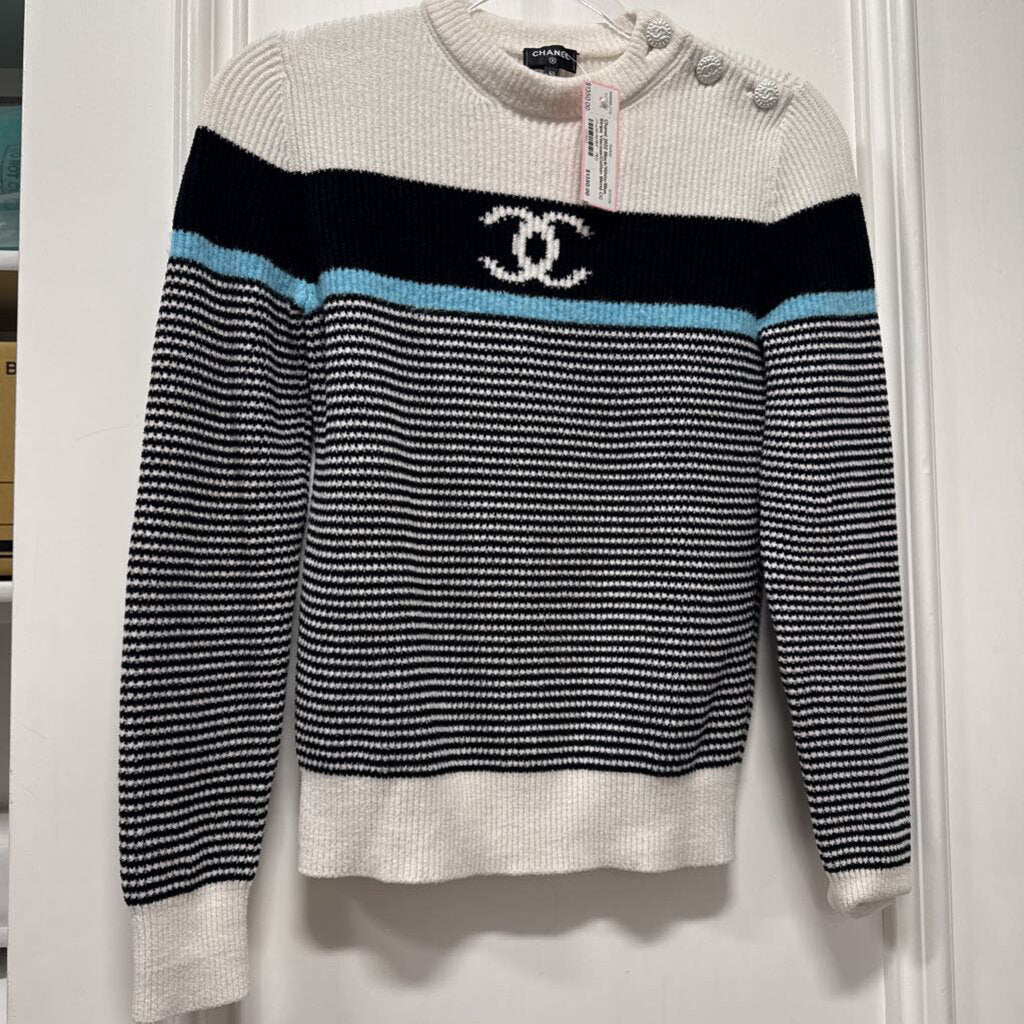 2022 Black/White/Blue Stripe Viscose/Cotton Blend CC Sweater