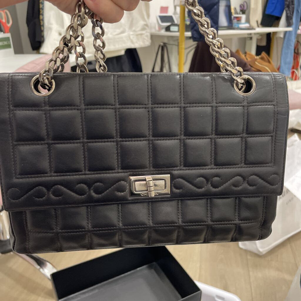 Black Leather Choc Bar Flap Bag