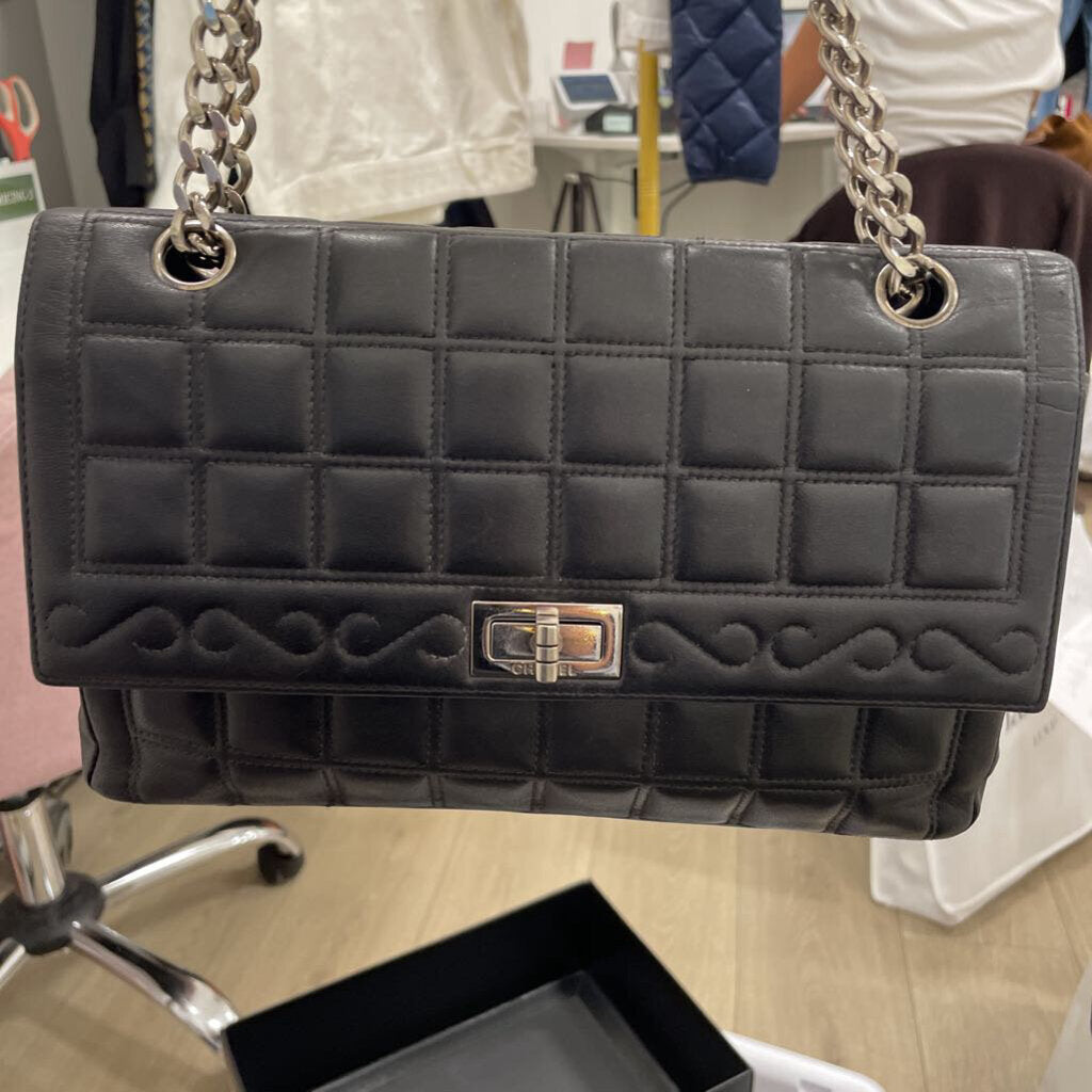 Black Leather Choc Bar Flap Bag