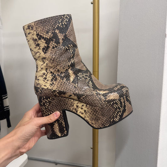 Brown Python-Print Leather Platform Boots