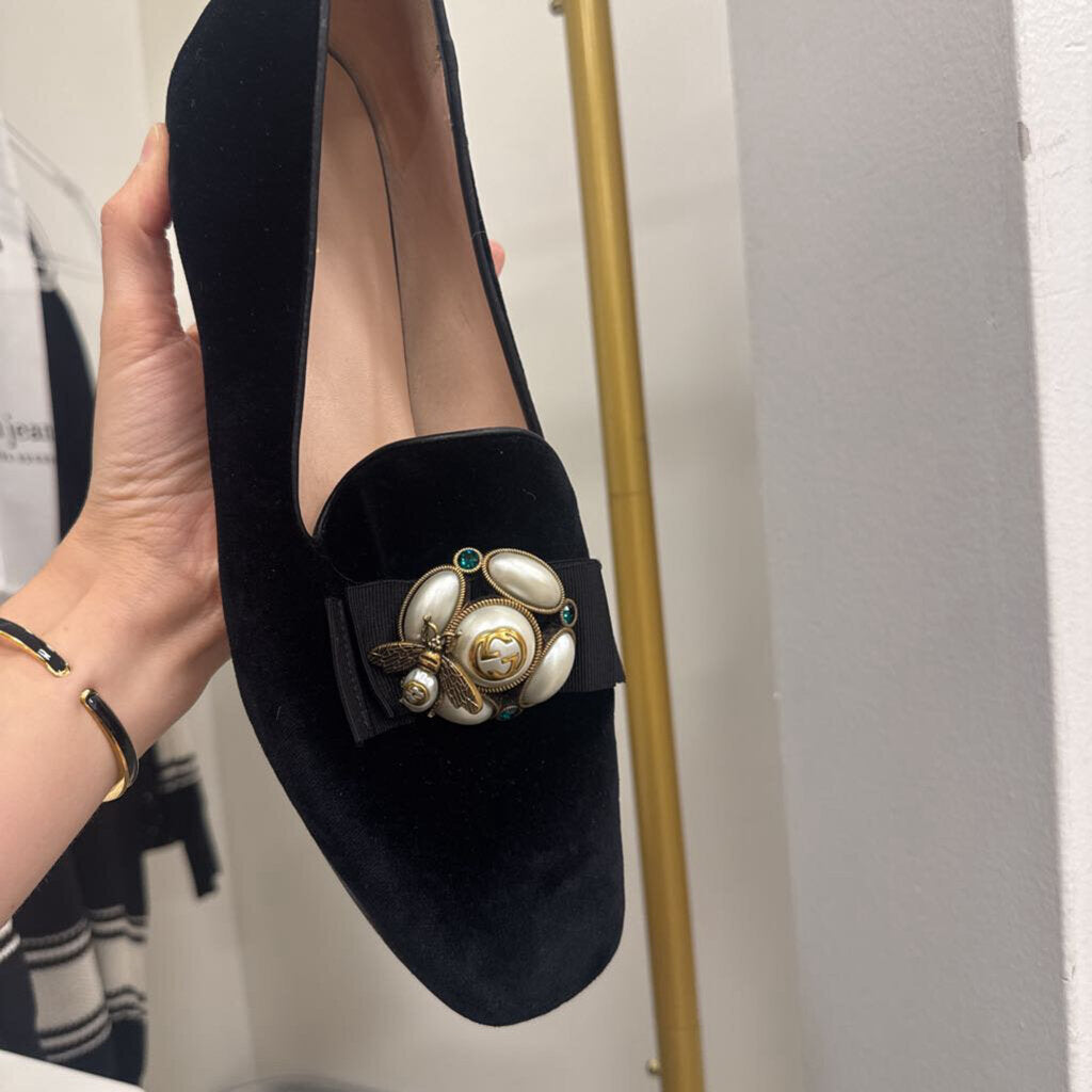 Black Velvet Faux Pearl Accent Loafers