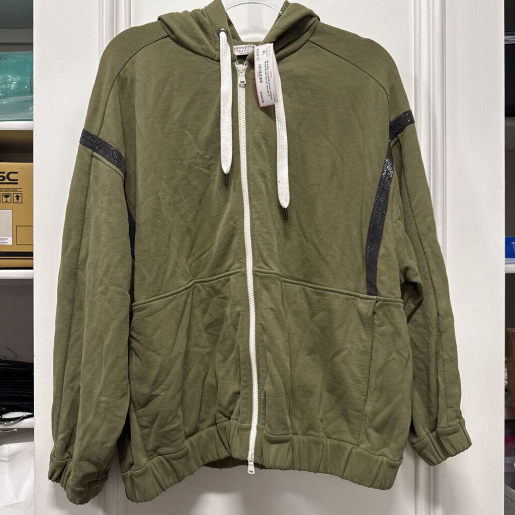 Green Cotton Monili Bead Zip Up Hoodie